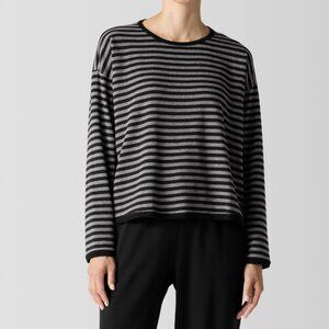 NWT Eileen Fisher Striped Cozy Brushed Terry Round Neck Box-Top